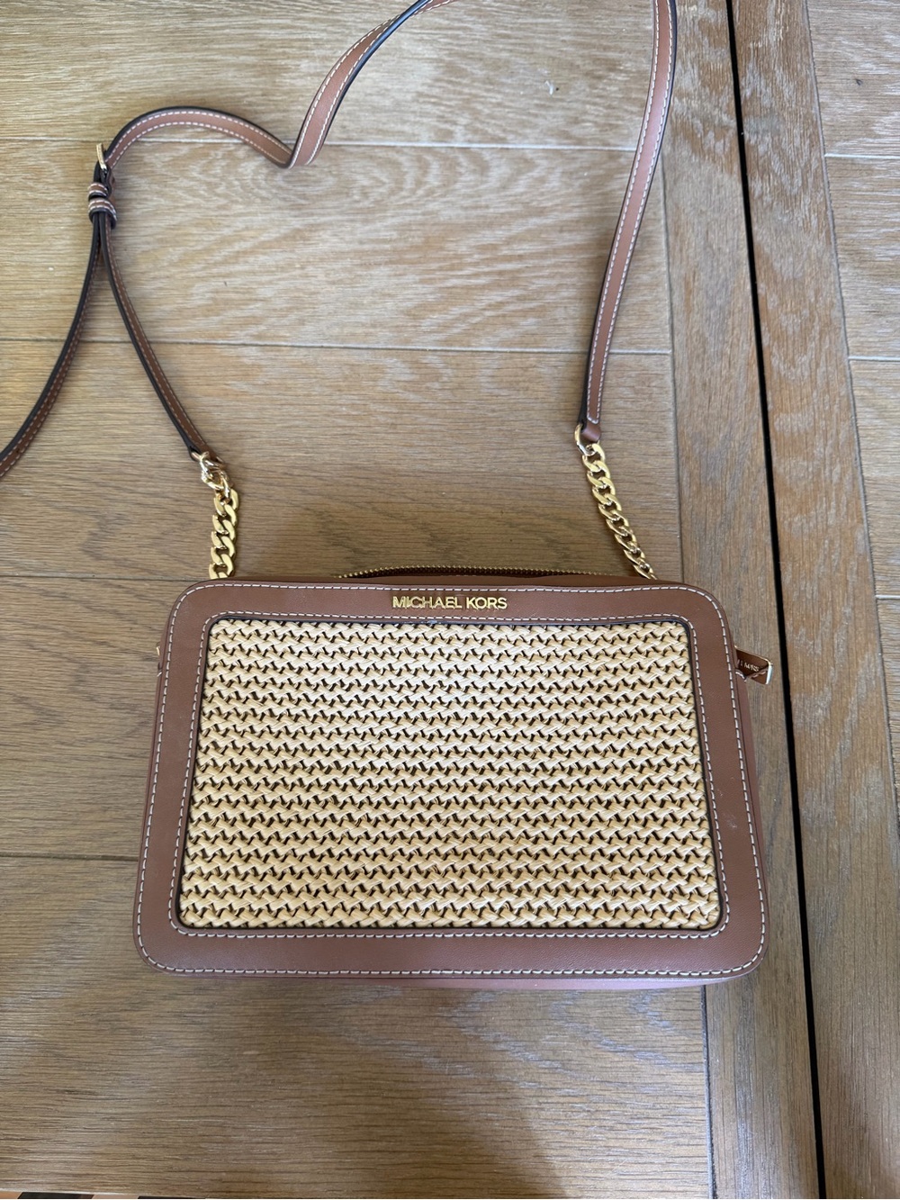 Michael Kors Tan and Natural Woven Leather-Trim Crossbody